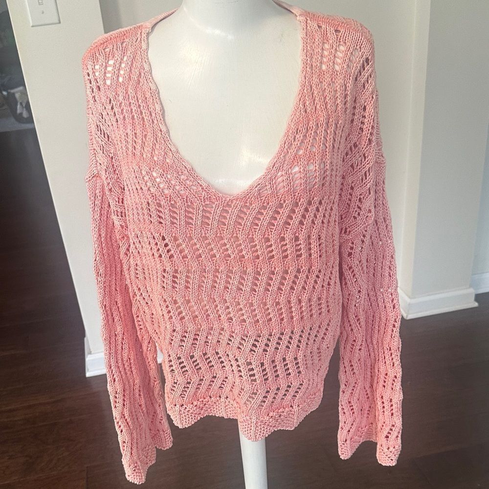 American Eagle Open Knit Pink V-neck Sweater L - Picture 2 of 7